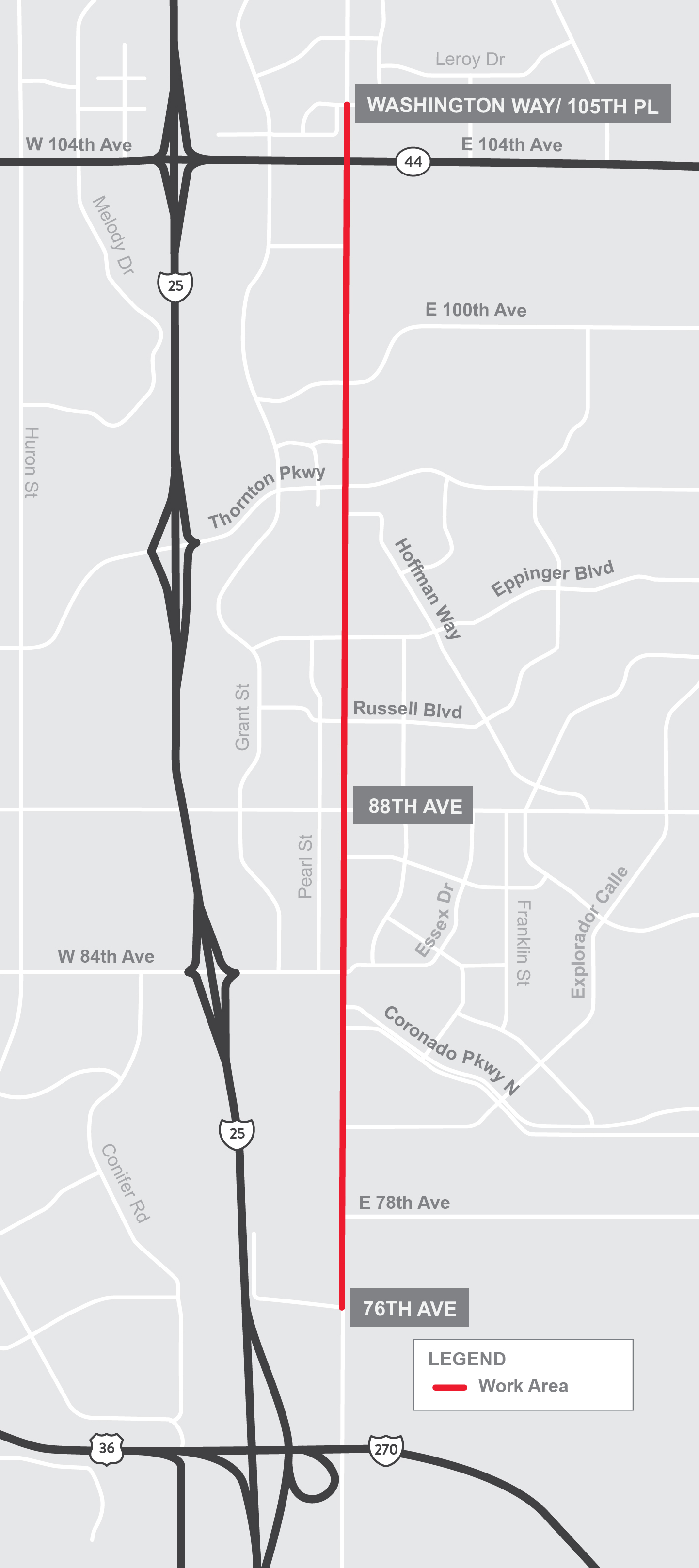 Project area is along Washington Street between 76th Ave and 105th Pl/Washington Way.